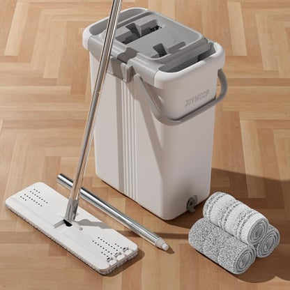 JOYMOOP Mop and Bucket Set for Floor and Wall Cleaning, Flat Mop System with 60" Mop + 3 Pads, Household and Commercial Use - color: White Max531