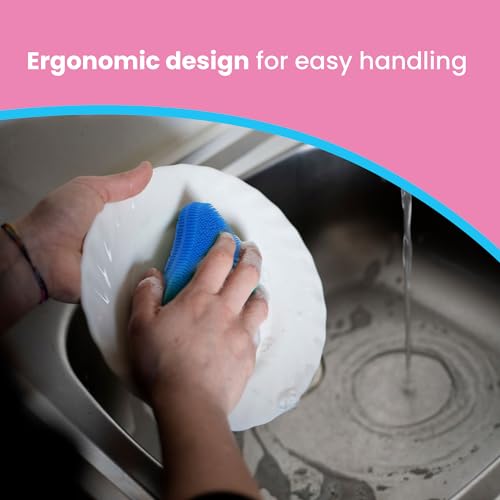 Gadgetime USA Silicone Dish Sponge - Dishwashing Kitchen Scrubber - Double Sided Sponge Brush - Multipurpose & Reusable Silicone Dish Sponges for Dishes, Fruits & Vegetables Cleaning - Blue (3 Pack) - color: Blue