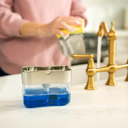 S&T INC. Dish Soap Dispenser and Sponge Holder for Kitchen Sink, Sponge Included, 13 Ounces, Metallic Silver - color: Metallic Grey