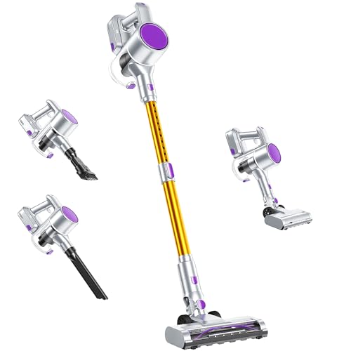 OLIXIS Cordless Vacuum Cleaner with Flexible Steering & Extendable Pole,3 Brush Heads, Lightweight Wireless Rechargeable Upright Vacuum with LED Light & Wall Mount for Hardwood Floors & Carpet - color: Purple Yellow