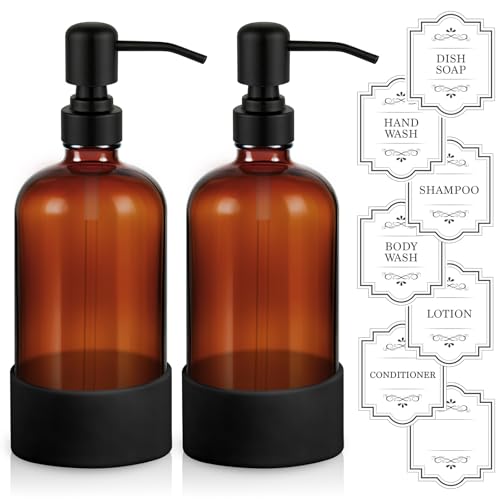 16 oz Hand and Dish Soap Dispenser Set for Kitchen and Bathroom, 500ml Amber Glass Soap Dispenser with Stainless Steel Pump, Non-Slip Silicone Sleeves, Labels - 2 Pack - color: Amber