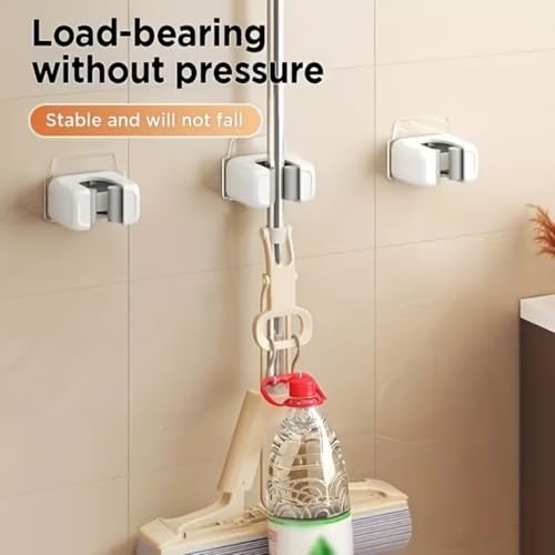 Wall-Mounted Mop and Broom Holder - Self-Adhesive, No Drilling Required, Household Storage Fixture for Easy Installation, ABS Material, White and Grey