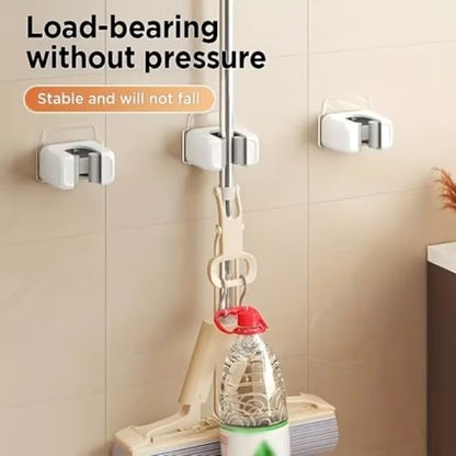 Wall-Mounted Mop and Broom Holder - Self-Adhesive, No Drilling Required, Household Storage Fixture for Easy Installation, ABS Material, White and Grey