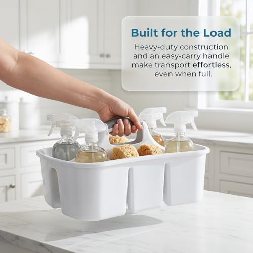 Large Plastic Utility Caddy with 4 Compartments – Heavy-Duty Storage Organizer for Cleaning Supplies, Sponges & Spray Bottles – Easy-Carry Handle (White)