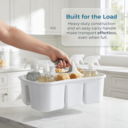 Large Plastic Utility Caddy with 4 Compartments – Heavy-Duty Storage Organizer for Cleaning Supplies, Sponges & Spray Bottles – Easy-Carry Handle (White)