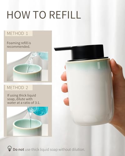 BosilunLife Hand Soap Dispenser - Foam Soap Dispenser Bathroom Ceramic Dish Liquid Soap Dispenser for Kitchen, Bathroom Countertop Soap Dispensers (White with Blue-Green Rim Foam Pump) - color: White With Blue-green Rim Foam Pump