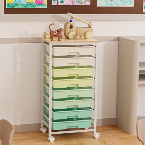 Rolling Storage Cart with 8 Drawers & Wooden Tabletop, Utility Cart On Wheels for Craft Storage, Home, School, Bedroom, Living Room, Dorm, Office, Classroom Storage Organizer Cart, Green, White