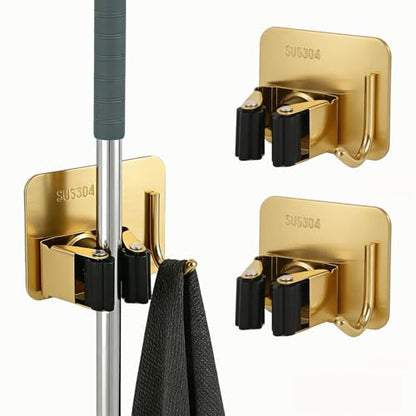 Mop and Broom Organizer Wall Hanging No Drill,Metal Utility Tool Hangers Wall Mountable,Garage Closet Organizer Heavy,Storage Rack Self Adhesive 2Pcs for Bathroom, Kitchen, Office,Laundry.Gold