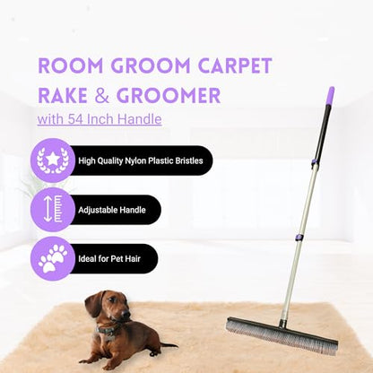Room Groom PET Carpet Rake and Groomer with Telescoping 54 Inch Adjustable Handle, Rugs, and Artificial Turf, Purple Grip, Black/Purple - style: PET