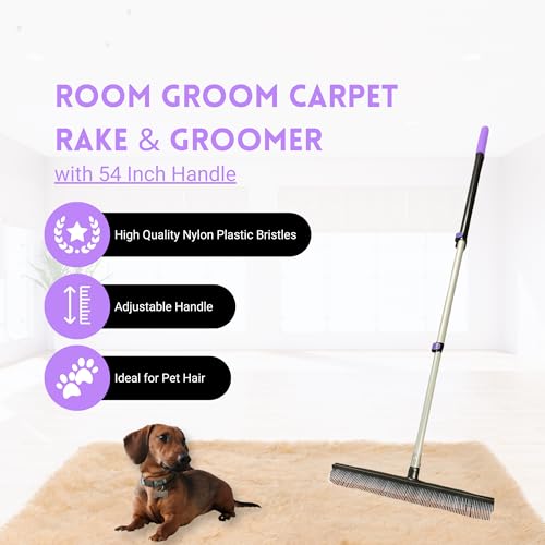 Room Groom PET Carpet Rake Groomer with Telescoping 54 " Adjustable Handle, with Lint Remover Brush Tool, Carpet Brush for Pet Hair and Refreshing Carpets, (Black/Purple) - style: PET + Lint Tool