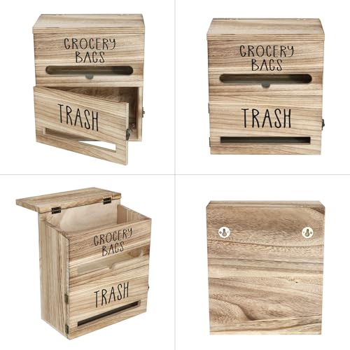 2 in 1 Trash Bag Dispenser, Double Wall Mounted,Wood Trash Bag Holder, used in kitchen, garage, laundry room, can store Environmentally friendly food bags (White/Brown(10inch*5.5inch*12.2inch）) - color: White/Brown(10inch*5.5inch*12.2inch）