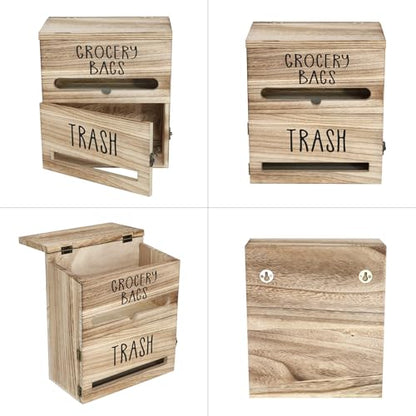 2 in 1 Trash Bag Dispenser, Double Wall Mounted,Wood Trash Bag Holder, used in kitchen, garage, laundry room, can store Environmentally friendly food bags (White/Brown(10inch*5.5inch*12.2inch）) - color: White/Brown(10inch*5.5inch*12.2inch）