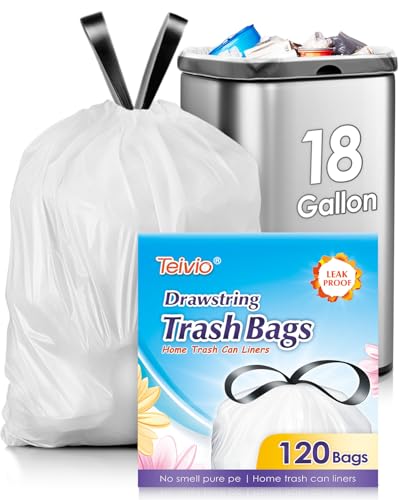 18 Gallon 120 Counts Strong Drawstring Trash Bags Garbage Bags by Teivio, Bathroom Trash Can Bin Liners, Plastic Bags for home office kitchen, White - style: 120-18Gallon-White
