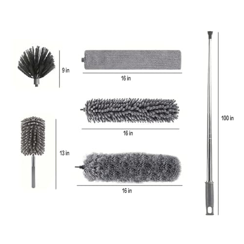 Microfiber Feather Duster Kit with 100” Extension Pole 6 PCS Reusable Bendable Washable Dusters for Cleaning Machine Washable Ceiling Fan Cleaner Duster for Cleaning Cobweb, Furniture, Blinds，Ceiling