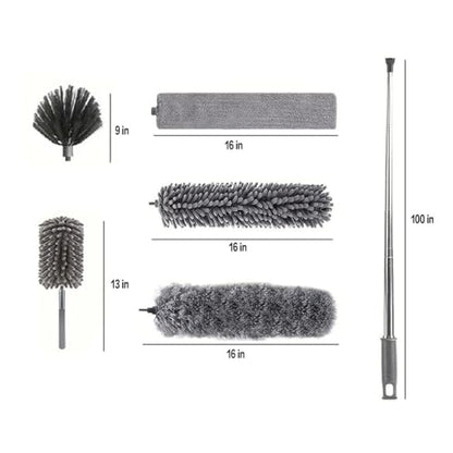 Microfiber Feather Duster Kit with 100” Extension Pole 6 PCS Reusable Bendable Washable Dusters for Cleaning Machine Washable Ceiling Fan Cleaner Duster for Cleaning Cobweb, Furniture, Blinds，Ceiling