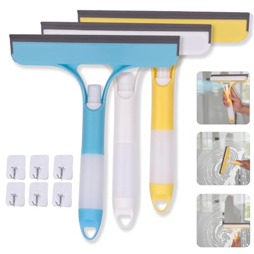 3 Pcs Squeegee for Shower Glass, 3 in 1 Window Scrubber, Spray, Sponge Wipe, Silicone Squeegee, for Car Window, Mirror, Tile Walls, with 6 Wall Hooks, Easy to Clean Kit, Yellow, Blue, White