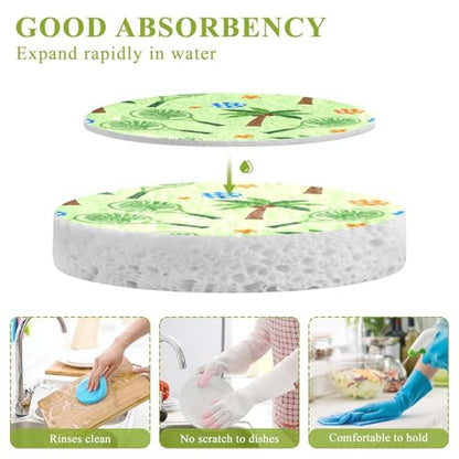 Tennis Rackets Palm Trees Pattern Dish Scrub Sponges Kitchen Non Scratch Reusable Compressed Cellulose Sponge Hanging for Household Cleaning Washing Dishes Pots and Pans 3 Pack - color: Pattern9