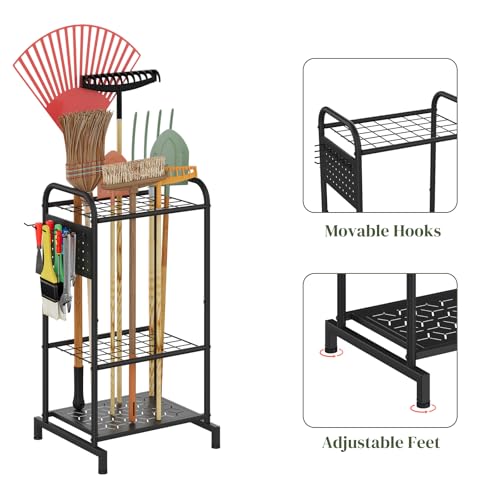 Garden Tool Organizer with Hooks Yard Tool Rack Heavy Duty Steel Yard Tool Organizer and Garden Storage Holder Broom Holder for Shed, Patio, Outdoor Indoor - style: Rack with Hooks