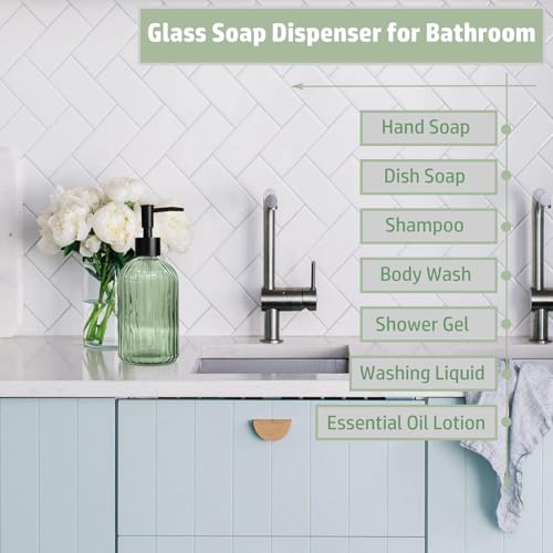14 Oz Black Pump Glass Soap Dispenser, Green Stripe Countertop Refillable Liquid Bottle Hand Dish Lotion Dispenser with Plastic Pump, for Kitchen, Bathroom - color: Green
