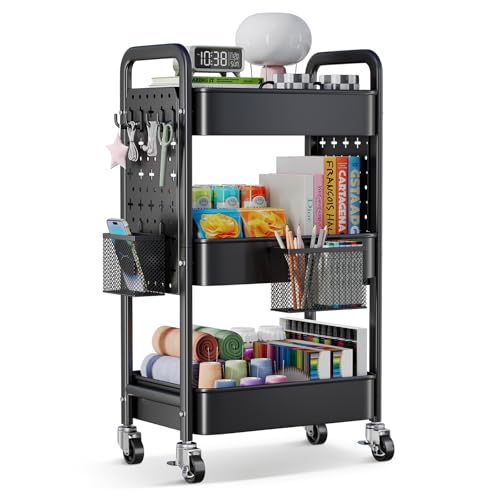 3 Tier Rolling Cart Metal with DIY Pegboard, Black Three Tiered Art Supply Organizer Cart on Wheels, Storage Utility Hobby Carts for Craft, Snack, Diaper Caddy, Nail, Baby Essentials, Nail, Snack - color: Black, size: 3 Tier+Pegboard+Cups+Hooks