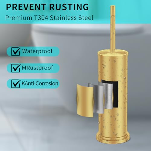 Gold Toilet Brush and Holder Set,304 Stainless Steel Toilet Brush for Bathroom with Long Handle, Heavy Duty Brass Toilet Bowl Brush,Removable Inner Bowl and Splash Protection,Deep Cleaning - color: Brushed Brass