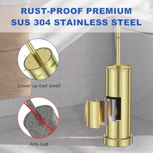 304 Stainless Steel Toilet Brush and Holder Set, Toilet Bowl Brush and Holder, Heavy Duty with Long Handle, Removable Inner Bowl and Splash Protection for Bathroom - color: Brushed Gold