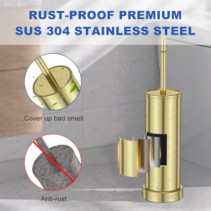 304 Stainless Steel Toilet Brush and Holder Set, Toilet Bowl Brush and Holder, Heavy Duty with Long Handle, Removable Inner Bowl and Splash Protection for Bathroom - color: Brushed Gold