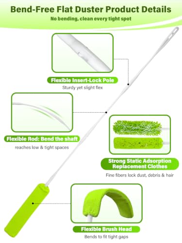Bend-Free Gap Dust Cleaner Cleaning Tools Washable Flat Duster Brush with 4 Microfiber Chenille Dusting Cloths Long Handle 56 inches for Cleaning Under Appliances Furniture Couch Bed Fridge Ceilings