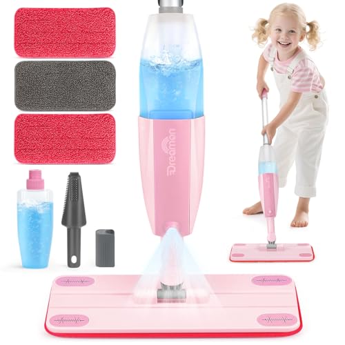 Dreamon Kids Spray Mop - Real Working Toddler Cleaning Set with Water Sprayer & 3 Washable Mop Pads & Scraper, Pretend Play Montessori Housekeeping Toys Gifts for Toddlers Kids Girls Boys(Pink) - color: Pink