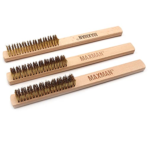 MAXMAN Brass Brush 3Pcs, Soft Brass Bristle Wire Brush for Cleaning Metal Rust, Welds, Home and Kitchen, Wire Scratch Brushes with 10" Beechwood Handle - style: 5 rows 20 bristles 3PCS