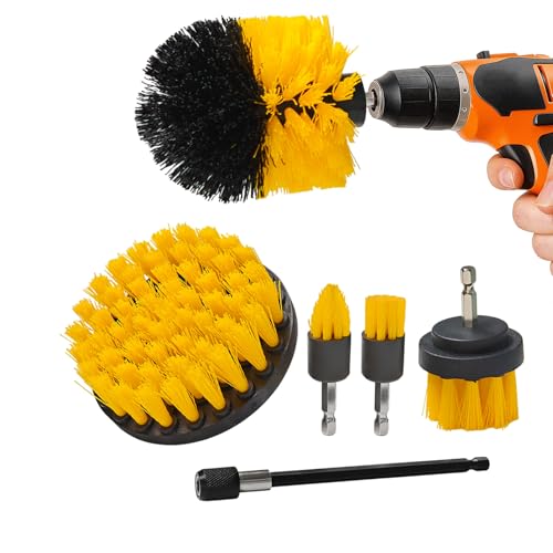 6Pcs Drill Brush Attachment Set, Power Scrubber Cleaning Kit with Extended Reach Attachment, Medium Stiffness Nylon Bristles for Bathroom Grout, Tile, Tub, Shower, Kitchen, Car, Universal Fit