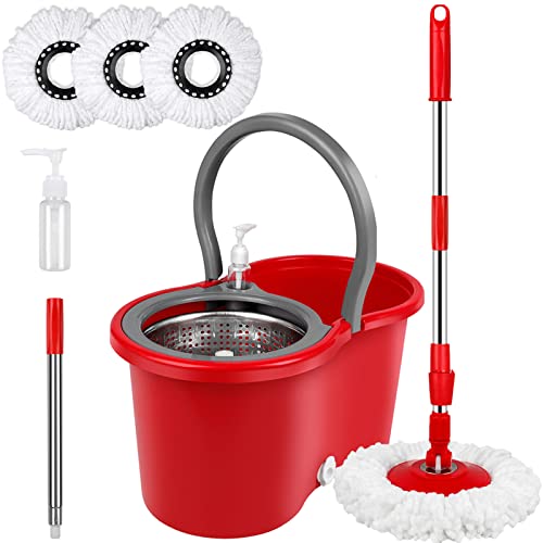 Spin Mop and Bucket with Wringer Set, 360° Spinning Mop Bucket System with 3 Microfiber Mop Replacement Heads, Adjustable Handle for Floor Cleaning (red) - color: Red