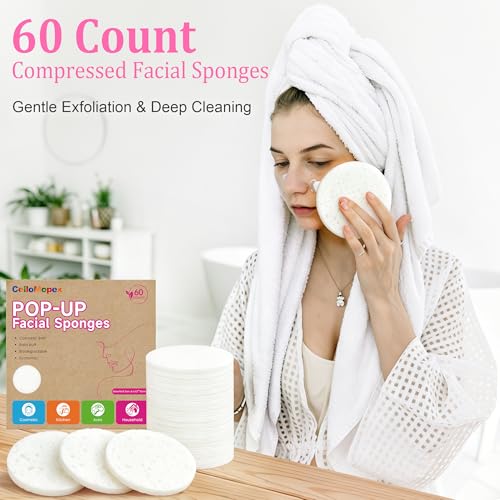 3.15in Large Compressed Facial Sponges 60 Pcs, 100% Natural Cellulose Face Sponges for Cleansing, Gentle Exfoliating, Makeup & Mask Removal, Spa Skincare, Travel Essentials for Women (White, Reusable) - color: White