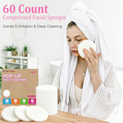 3.15in Large Compressed Facial Sponges 60 Pcs, 100% Natural Cellulose Face Sponges for Cleansing, Gentle Exfoliating, Makeup & Mask Removal, Spa Skincare, Travel Essentials for Women (White, Reusable) - color: White
