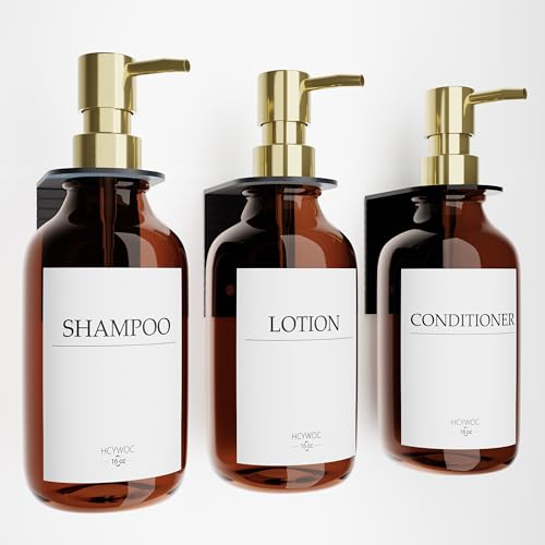Shampoo Dispenser for Shower Wall, Shampoo and Conditioner Dispenser with 16 Waterproof Labels, No Drill Shower Soap Dispenser Bathroom, Shower Soap Dispenser Wall Mounted,17oz, 3 Pack, Gold Amber - color: 1-amber Bottle + Gold Pump
