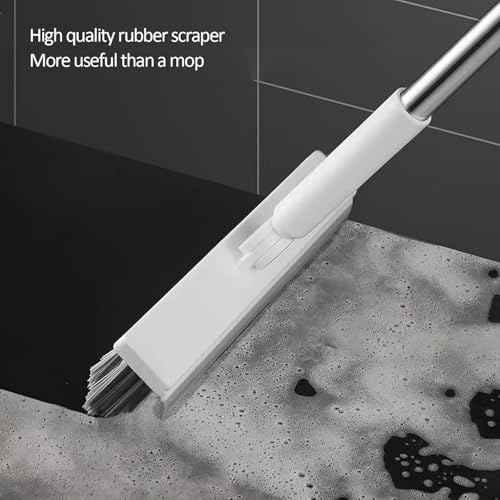 Floor Scrubbing Brush with 57" Adjustable Long Handle,3 in 1 Living Grout Brush with Squeegee,V-Shape Stiff Brush Bristle,Heavy Duty Bathroom Cleaning Brush for Tile,Deck,Patio,Wall,Garage,Kitchen - style: White