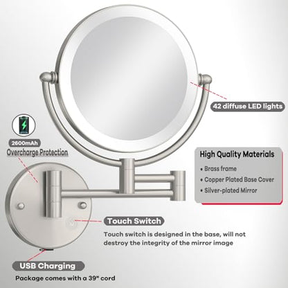 8 Inch Rechargeable Brass Lighted Magnifying Mirror Wall Mounted, 1X/5X Double-Sided Bathroom Personal Makeup Mirror with Light, Brushed Nickel - color: Brushed Nickel