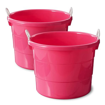Homz 2 Pack of 17 Gallon Storage Buckets, Durable Plastic Containers, Sturdy Rope Handles, Large Tubs for Sports Equipment, Party Cooler, Gardening, Toys and Laundry, Pink - color: Pink