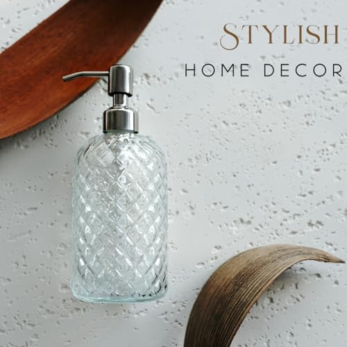 JASAI 18Oz Gem Patterned Clear Glass Soap Dispenser with Rust Proof Pump, Refillable Hand soap Dispenser for Kitchen, Premium Bathroom Soap Dispenser for Dish Soap, Hand soap, Lotion(Clear). - color: Clear