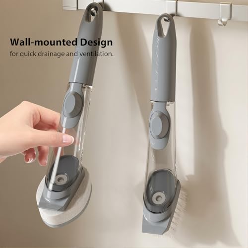 Soap Dispensing Dish Brush Set - Ergonomic Kitchen Scrub Brush with 4 Replaceable Heads (2 Bristles & 2 Sponges), Non-Slip Palm Scrubber for Pot, Pan, and Sink Cleaning