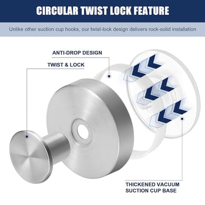Silver Waterproof Suction Cup Hooks, 2-Pack Heavy Duty Stainless Steel No Drill Shower Hooks for Hanging Towels, Robes, Loofahs, Holder Holds Strong on Tile, Glass, Mirror, Wall, Bathroom Door - color: silver-2pcs