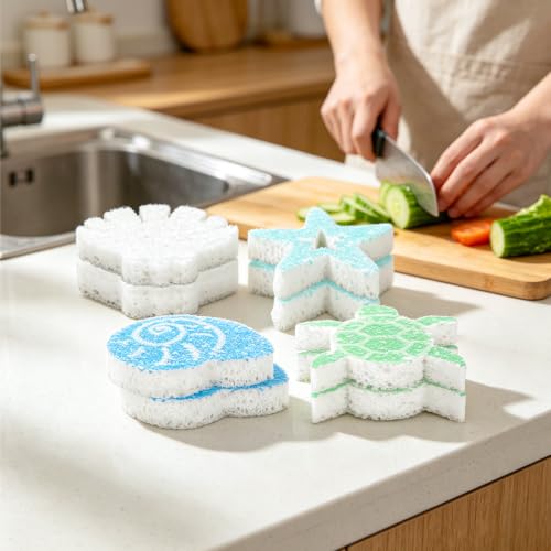 JarThenaAMCS 12 Pcs Summer Kitchen Sponges Coastal Seashell Starfish Turtles Water Absorbing Kitchen Scrub Sponges Dish Washing Cleaning Reusable Sponge for Bathroom Home Non Scratch Cleaning