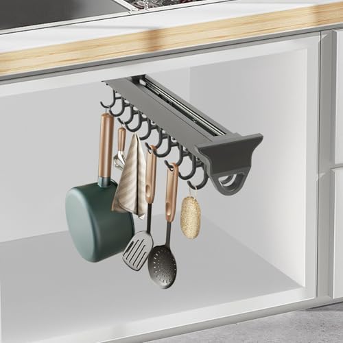 Aluminum Alloy Pull Out Broom Holder, 66lbs Load-Bearing broom storage, 20-Hook Multifunctional Slide Organizer, Cabinet Wall Mounted for Kitchen, Garage, Closet