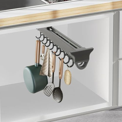 Aluminum Alloy Pull Out Broom Holder, 66lbs Load-Bearing broom storage, 20-Hook Multifunctional Slide Organizer, Cabinet Wall Mounted for Kitchen, Garage, Closet