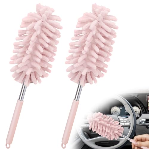 2 PCS Car Interior Duster with Extension Pole, Microfiber Car Duster with Bendable Head, Car Accessories Dusters Exterior&Interior Scratch Free, for Cleaning of Vehicle Details, Offices, Windows(Pink) - color: Pink