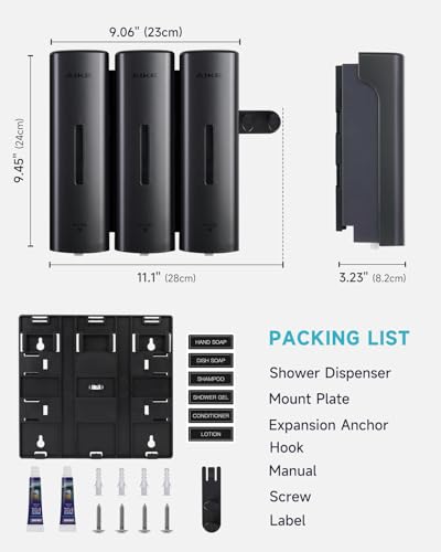 AIKE 3 Chambers Shower Shampoo and Conditioner Dispenser 3 x 11.8 fl.oz. for Bathroom(Dark Silver) - color: Dark Silver, size: Triple Chamber