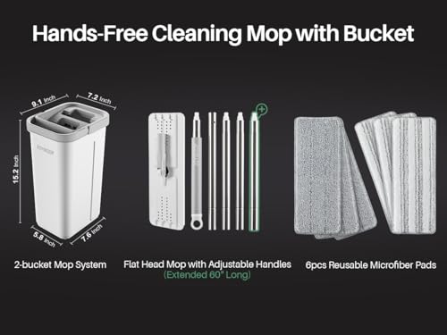 JOYMOOP Microfiber Flat Mop System with Bucket, White, Hands-Free Floor Cleaning Set, Wet and Dry Use, 6 Reusable Pads - size: Middle Bucket #13 + 60" Flat Mop + 6 Pads