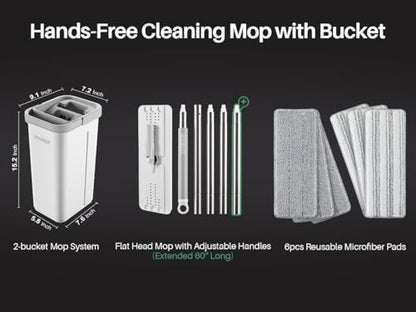 JOYMOOP Microfiber Flat Mop System with Bucket, White, Hands-Free Floor Cleaning Set, Wet and Dry Use, 6 Reusable Pads - size: Middle Bucket #13 + 60" Flat Mop + 6 Pads