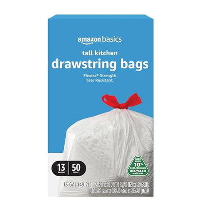 Amazon Basics 13 Gallon Tall Kitchen Drawstring Trash Bags, Flextra Strength, Tear Resistant, 10% Post Consumer Recycled, 50 Count, White - size: 50 Count