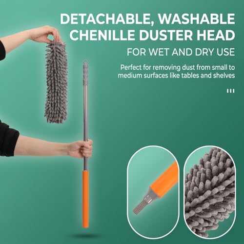 100" Extendable Microfiber Duster Kit - 5-in-1 Cleaning Tool with Long Telescoping Pole - Bendable Cobweb Duster & Chenille Head for Ceiling Fans, High Ceilings, Blinds, Furniture - Washable